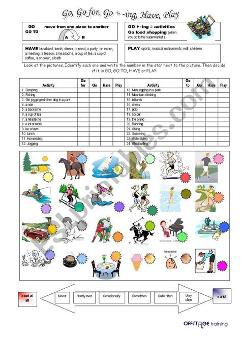 Go + -ing for activities, Have, Play - ESL worksheet by offstage