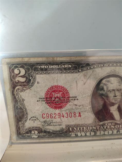 Rare 1928 D RED SEAL TWO DOLLAR BILL WITH SERIAL NUMBER STARTING WITH C ...