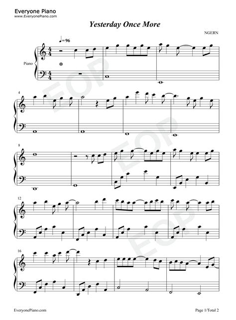 昨日重现-C调简单版-Yesterday Once More-钢琴谱文件（五线谱、双手简谱、数字谱、Midi、PDF）免费下载