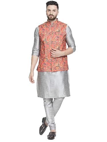 Buy BENSTOKE mens silk Grey Kurta churidar with Multi printed nehru ...