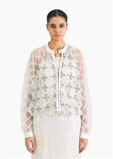 Ruffle with sequin emb white bomber jacket | AFEW Rahul Mishra