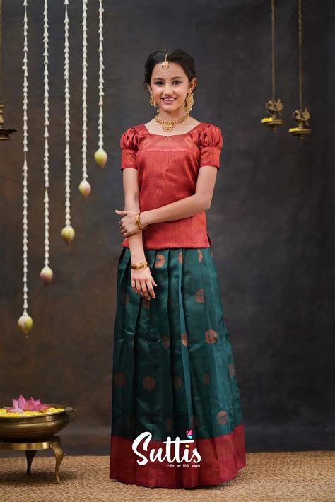 Padmakshi - Dark Teal Green and Maroon Semi Silk Pavadai and Top ...