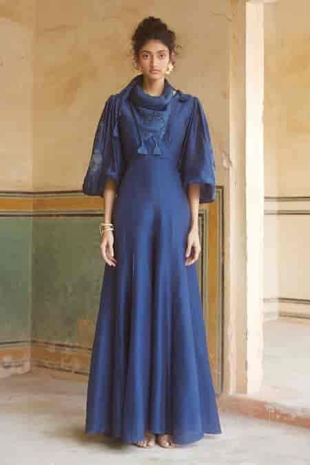 Buy Blue Silk Organza Embroidery V-neck Floral Jumpsuit For Women by ...