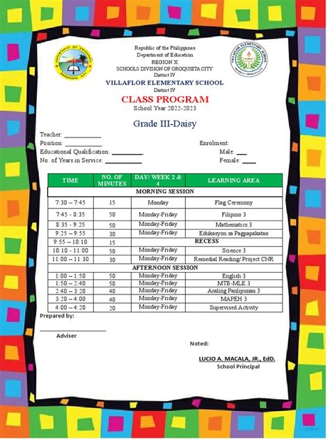 Image result for Grade 3 Class Program Sample