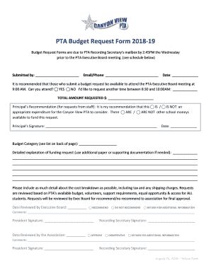 Fillable Online PTA Budget Request Form 2018-19 - Canyon View ...