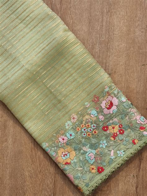Pure Organza Silk Jacquard Stripe Multi Floral Embroidery Saree With V ...