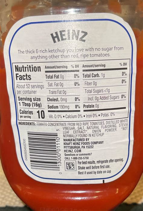 Heinz Ketchup Nutrition Label