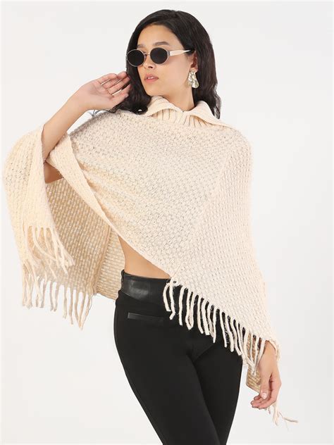 SHOWOFF Women's Turtle Neck Solid Cream Poncho