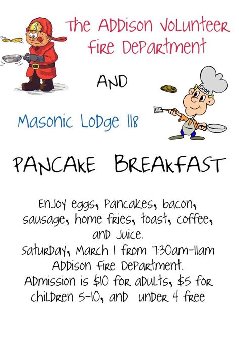 FIRE DEPARTMENT AND MASONS PANCAKE BREAKFAST, 1 Tuscarora St, Addison ...