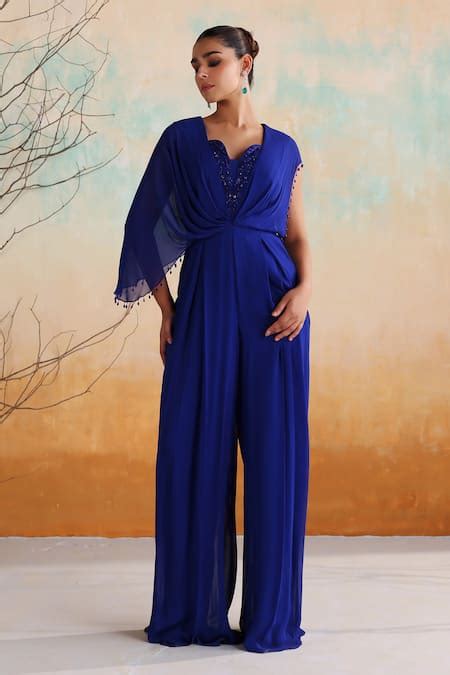 Buy Blue Georgette, Satin Sequins, Beads, Hazel Floral Embellished ...