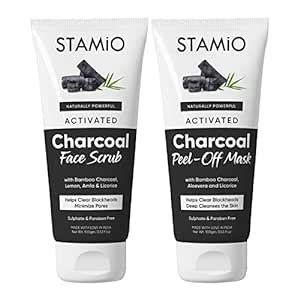 STAMIO Activated Charcoal Face Scrub and Peel-Off Mask Combo for Men ...
