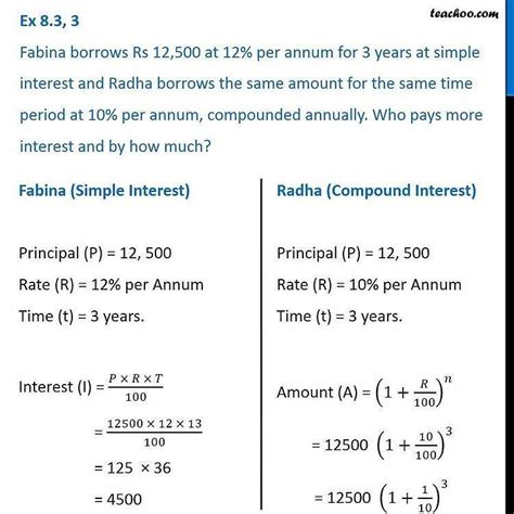 Fabina borrows ₹ 12,500 at 12% per annum for 3 years at simple interest ...
