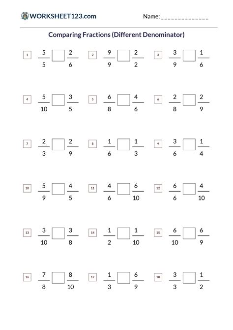 Comparing Fractions with Different Denominators Worksheets