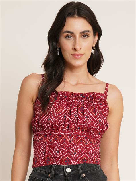 Women Maroon & White Bandhani Printed Crepe Top
