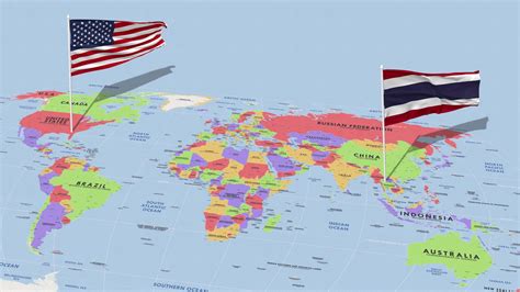 Thailand and United States Flag Waving with The World Map, Seamless Loop in Wind, 3D Rendering ...