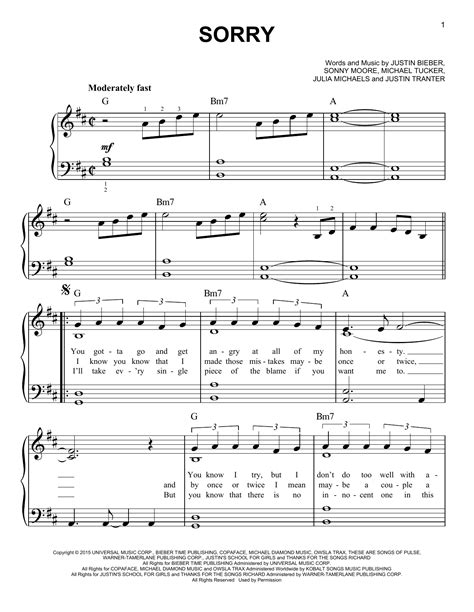 Justin Bieber 'Sorry' Sheet Music and Printable PDF Music Notes | Sheet ...