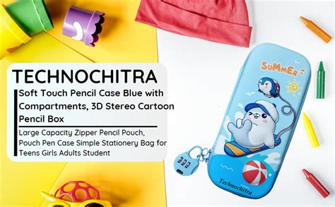 TECHNOCHITRA Soft Touch Pencil Case Blue with Compartments, 3D Stereo ...