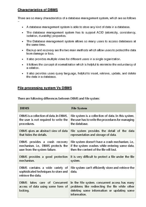 DBMS UNIT I (Introduction to DBMS) - Characteristics of DBMS There are ...