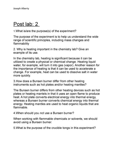 Post lab - Post lab questions - Post lab: 2 1 .What is/are the purpose ...