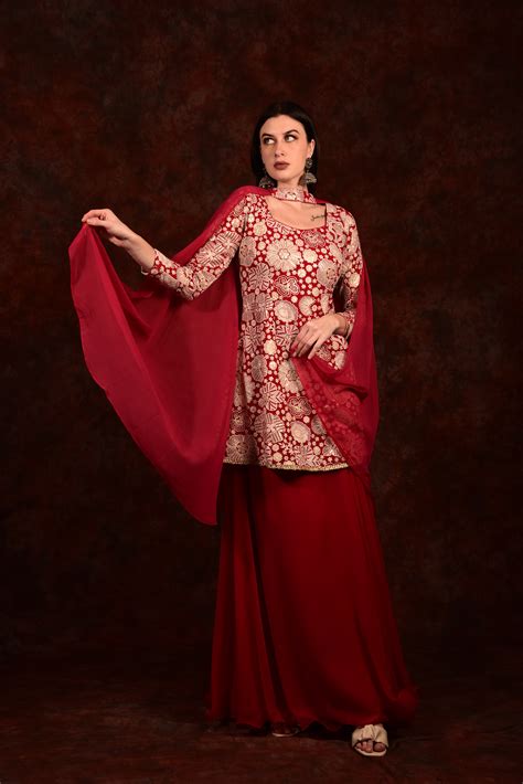 Cherry Red Peplum Floral Kurta With Skirt And Dupatta – Laalzari
