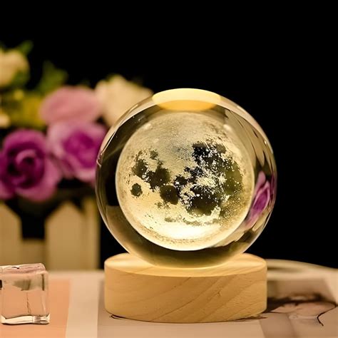 Desidiya Moon Crystal Ball Night Light LED Lamp with Wooden Base
