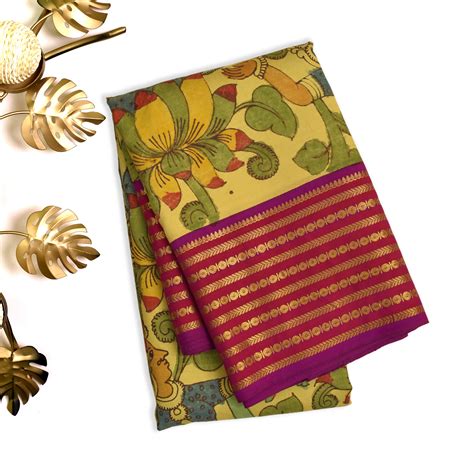 Lemon Yellow Pen Kalamkari Silk Saree