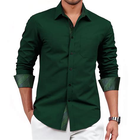 Green Dress Shirts for Men Casual Long Sleeve Inner Contrast Button Up ...