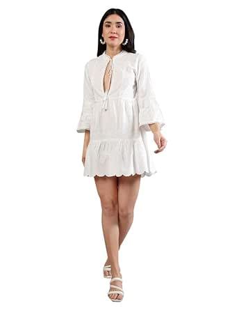 Buy Peppinos Women White Schiffli Dress in Cotton (S) at Amazon.in