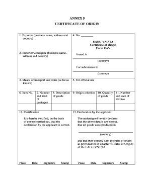 Certificate of Origin Form EAV - Blank Fillable Template | Fill Out ...