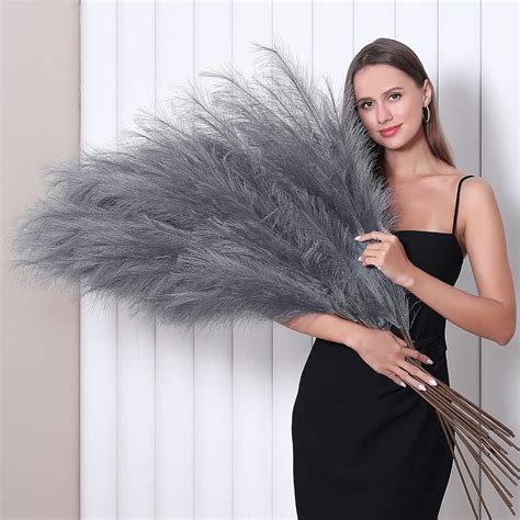8PCS Faux Pampas Grass Decor Tall 45"/115CM, Large Artificial Grey ...