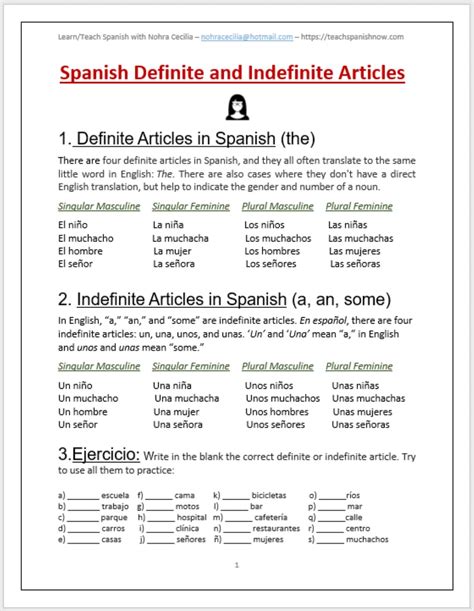 Definite And Indefinite Articles Spanish Exercises - Free Worksheets ...