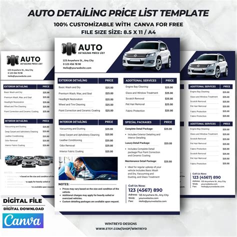 Auto Detailing Price List, Car Detailing Price List, Auto Repair Shop Price List, Canva Template ...