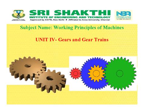 Unit-IV Gear and gear train - SRI SHAKTHI Subject Name: Working ...