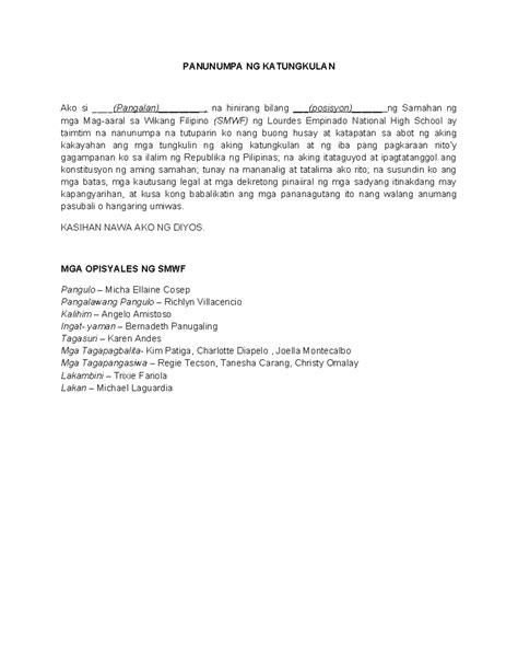 Panunumpa NG Katungkulan - PANUNUMPA NG KATUNGKULAN Ako si (Pangalan ...