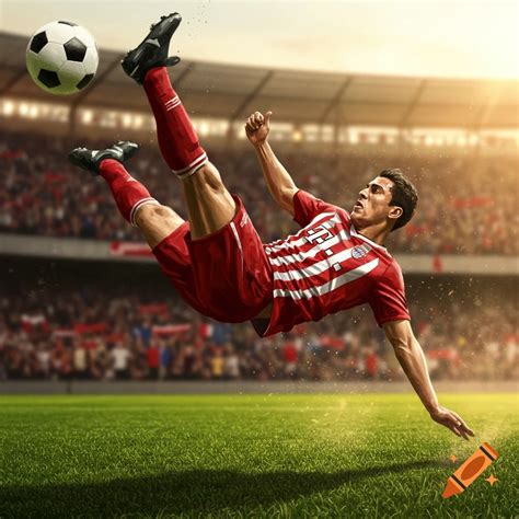 A male soccer player in a red and white jersey performs a bicycle kick ...