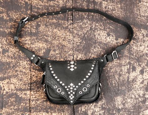 Black Leather Waist Belt Bag with Stud Accents || Black Festival Waist