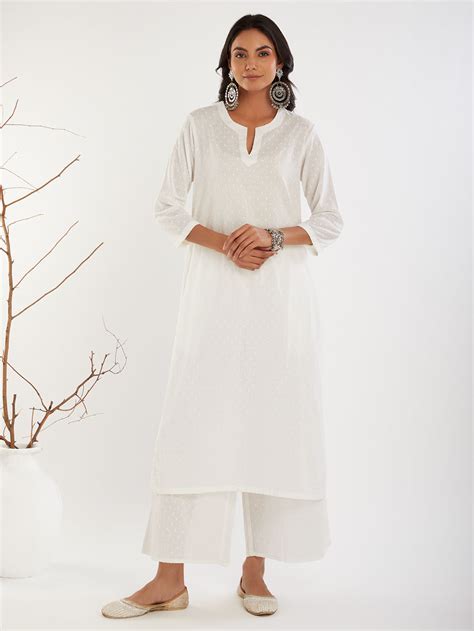 Off White Hand Block Printed Cotton Dobby Kurta with Pants - Set of 2