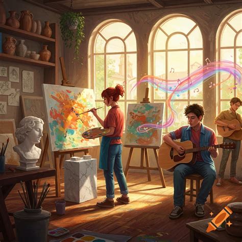 Colorful illustration of artists and musicians in a sunlit art studio. A woman paints, and two ...