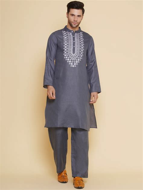 Shop Baawara By Bhama Men Grey Embroidered ethnic motifs Festive Kurta ...
