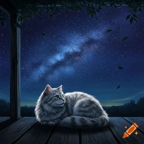 A fluffy grey and white cat curls on a wooden deck, gazing at a star ...