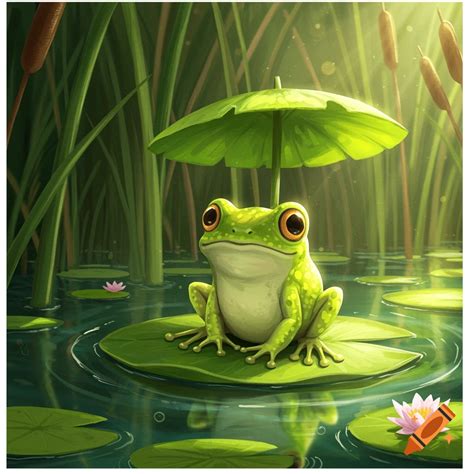 A vibrant green frog with large golden eyes sits on a lily pad ...