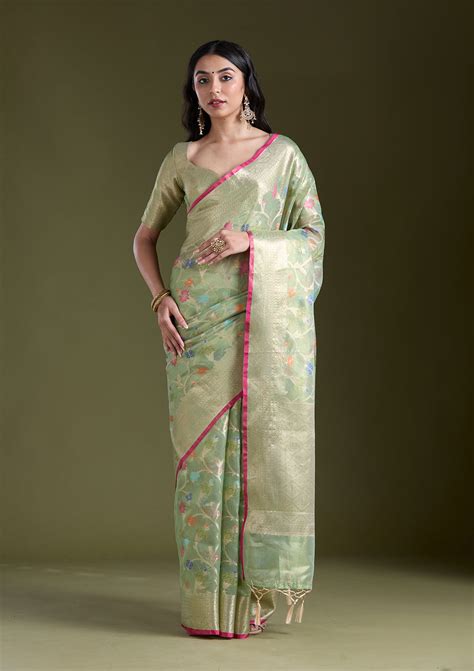 Buy Pista Green Zariwork (Gold) Banarasi Silk Saree - Koskii