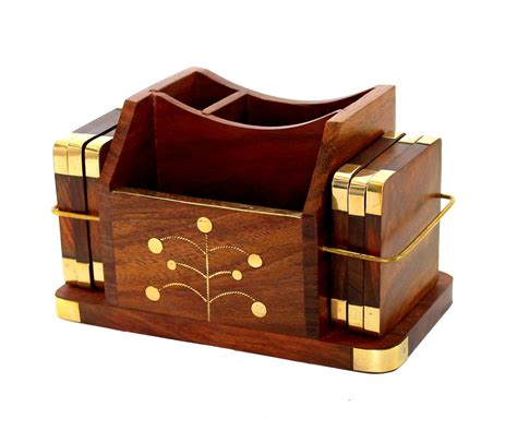 StonKraft Wooden Stationery Desk Organiser, Coasters Set, Pen Stand ...