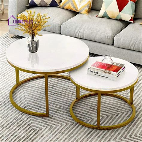 Classic White with Golden Metallic Finish Round Coffee Table Set of 2 ...