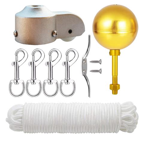 EKEV Flag Pole Hardware Parts Repair Kits - 3" Topper Gold Ball + 50 Ft ...