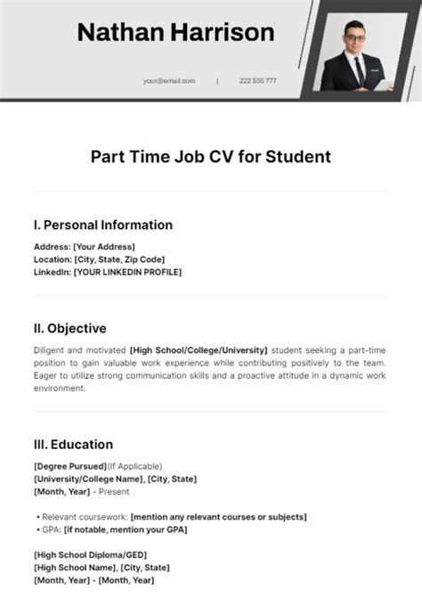 Free Part Time Job CV for Student Template to Edit Online