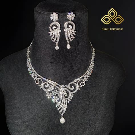 Premium Rhodium Polish American Diamond Necklace with Earrings ...
