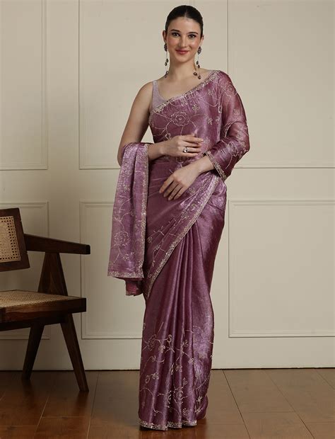 Embellished Saree With Unstitched Blouse in Pink – Sarha