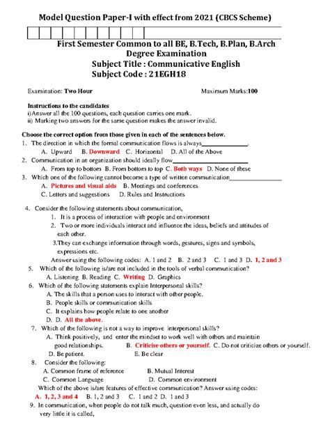 Communicative English Model Question Paper SET 1 (21EGH) - 2021 Exam ...