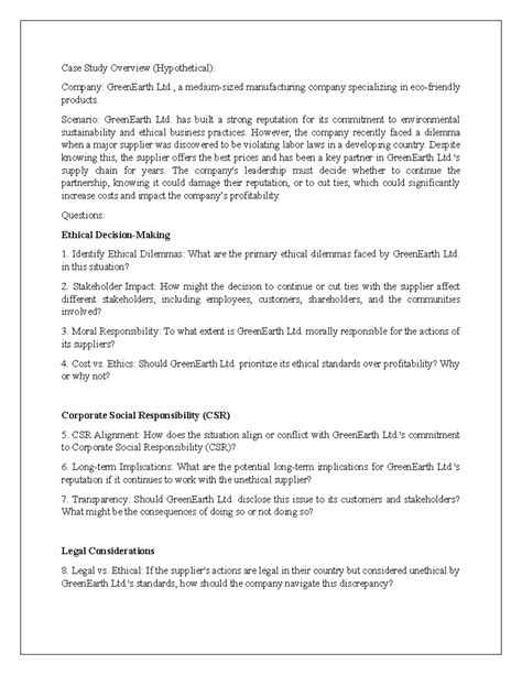 Case Study: Ethical Dilemmas in GreenEarth Ltd.'s Supply Chain - Studocu
